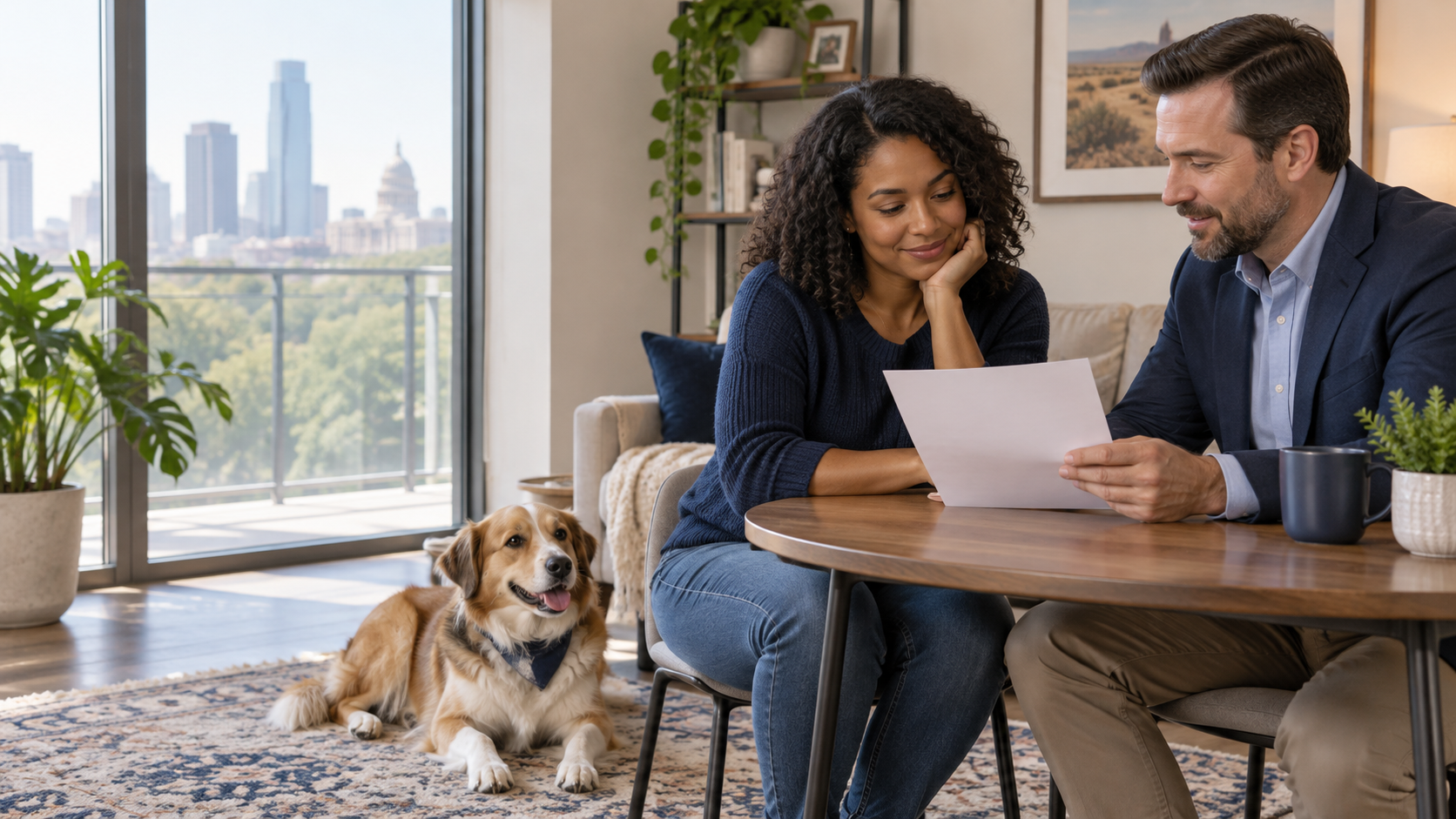 A renter preparing a housing request with a dog nearby.