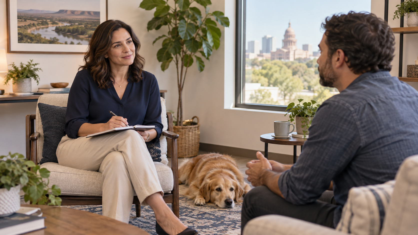 A client speaking with a mental health professional while a dog rests nearby.