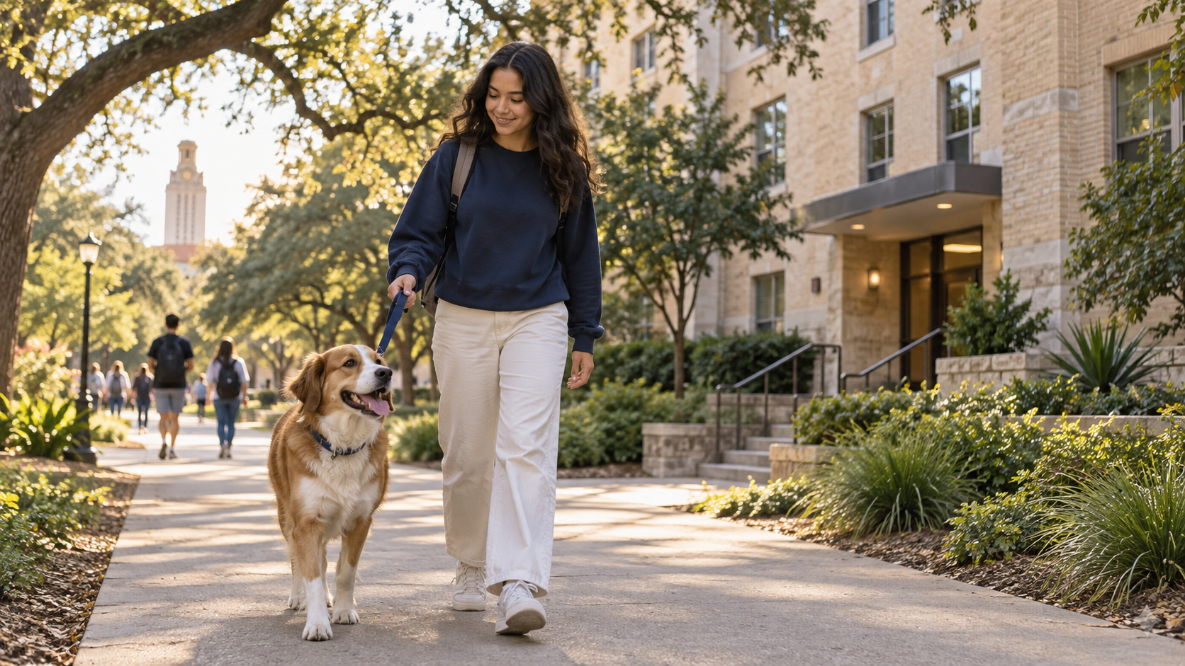 A college student walking a dog near campus residence halls.